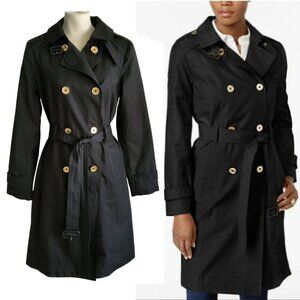 MICHAEL KORS Trench Coat Double Breasted Black Gold Buttons Mob Wife - Size S